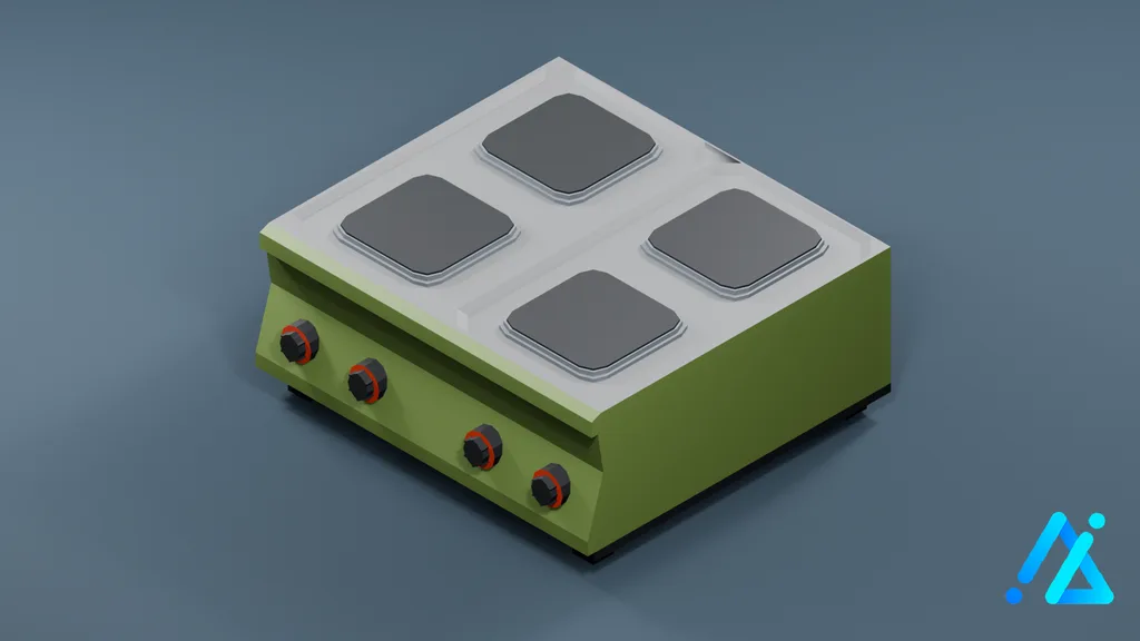 Low-Poly Four-Burner Tabletop Stove 01 — Green — 3D model preview