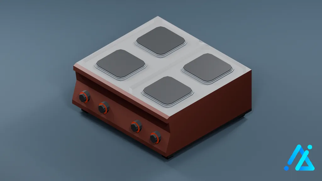 Low-Poly Four-Burner Tabletop Stove 01 — Red — 3D model preview