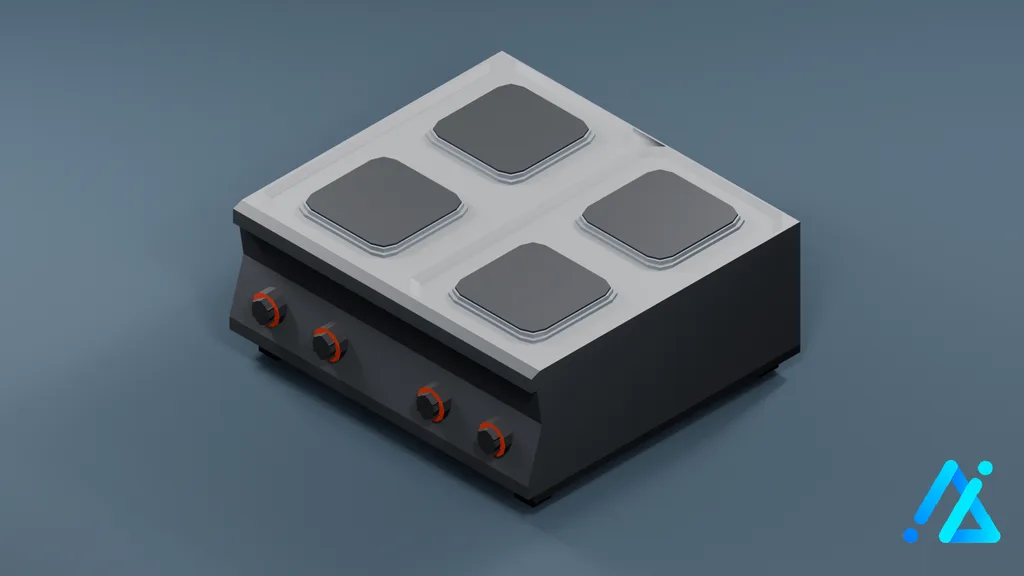 Low-Poly Four-Burner Tabletop Stove 01 — Charcoal — 3D model preview