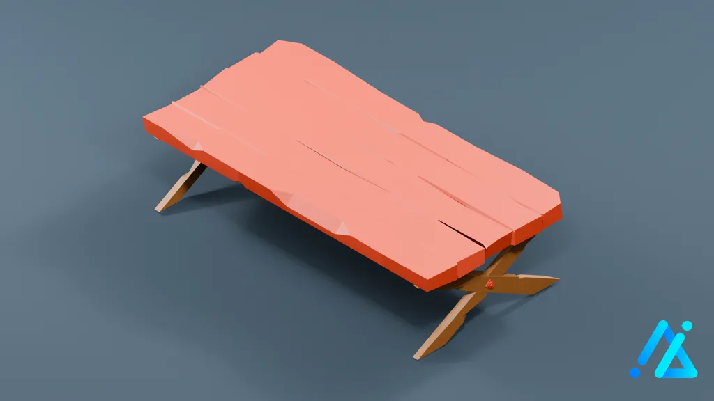 Low-Poly Red Wooden Bench — 3D model preview