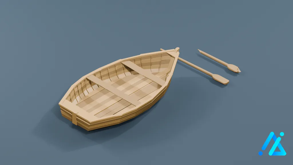 Low-Poly Wooden Rowboat with Oars — 3D model preview