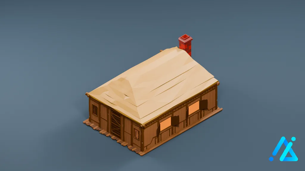 Low-Poly Long Wooden Cabin 05 — 3D model preview