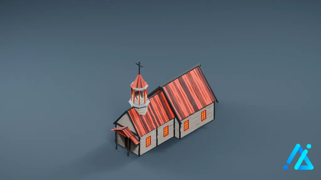 Low-Poly Red-Roof Village Church — 3D model preview