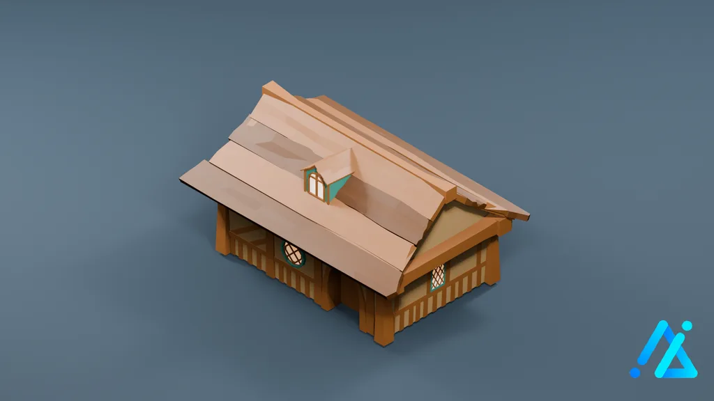 Low-Poly Wooden Cottage 02 — Light Roof — 3D model preview