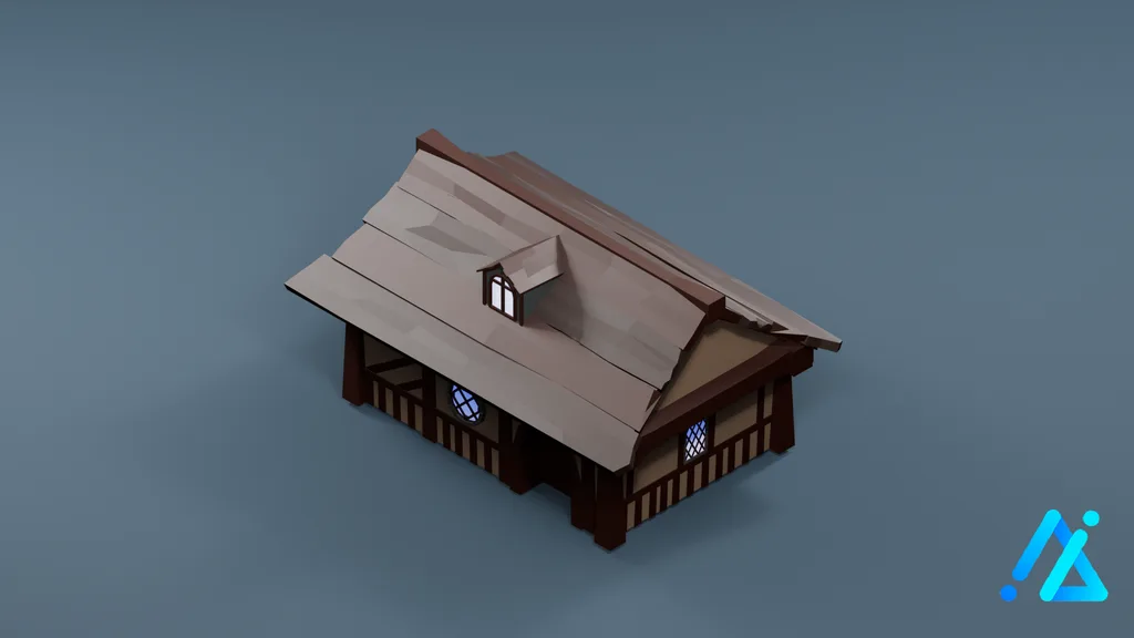 Low-Poly Wooden Cottage 02 — Dark Roof — 3D model preview