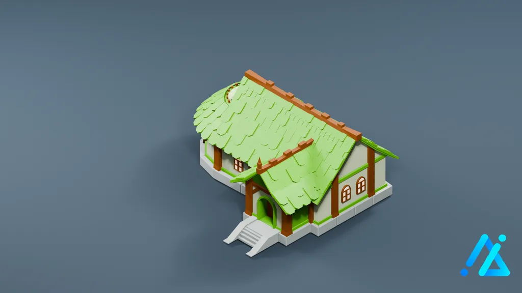 Low-Poly Village Cottage 03 — Green Roof — 3D model preview