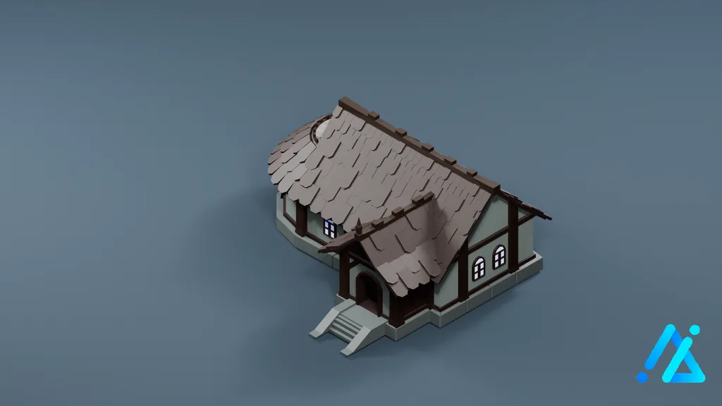 Low-Poly Village Cottage 03 — Gray Roof — 3D model preview