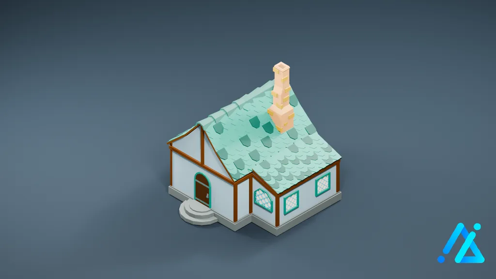Low-Poly White Cottage 04 — Teal Roof — 3D model preview