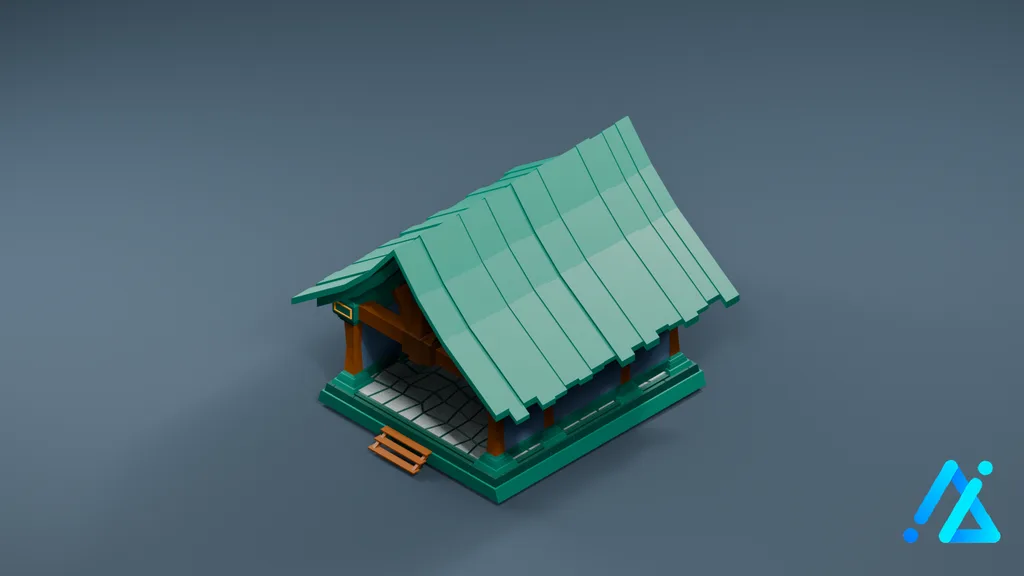 Low-Poly Open Timber Shelter 06 — Teal — 3D model preview
