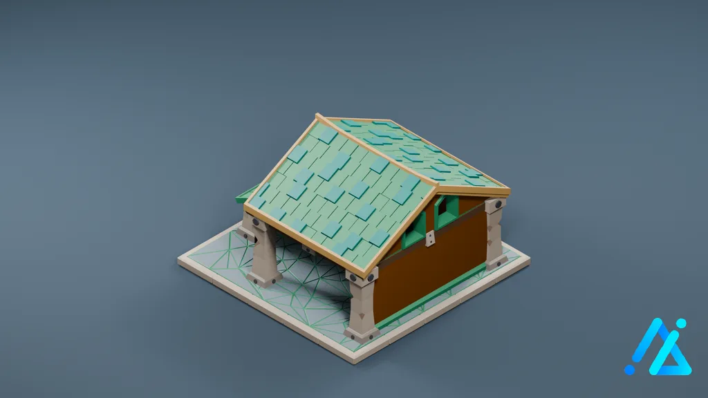 Low-Poly Village Hut 07 — Teal Shingles — 3D model preview