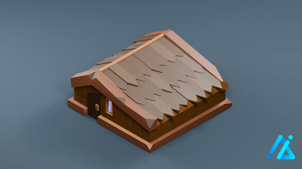 Low-Poly Village Hut 08 — Gray Roof — 3D model preview
