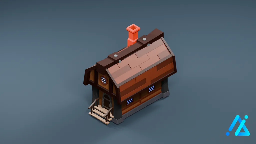 Low-Poly Two-Story House 09 — Brown — 3D model preview