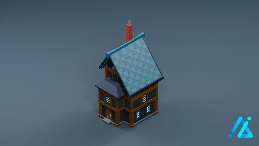 Low-Poly Fantasy House 10 — Blue Roof — 3D model preview
