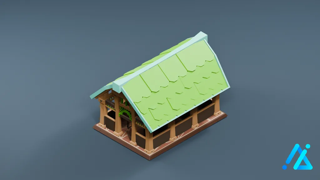 Low-Poly Green-Roof Timber Hall 12 — 3D model preview