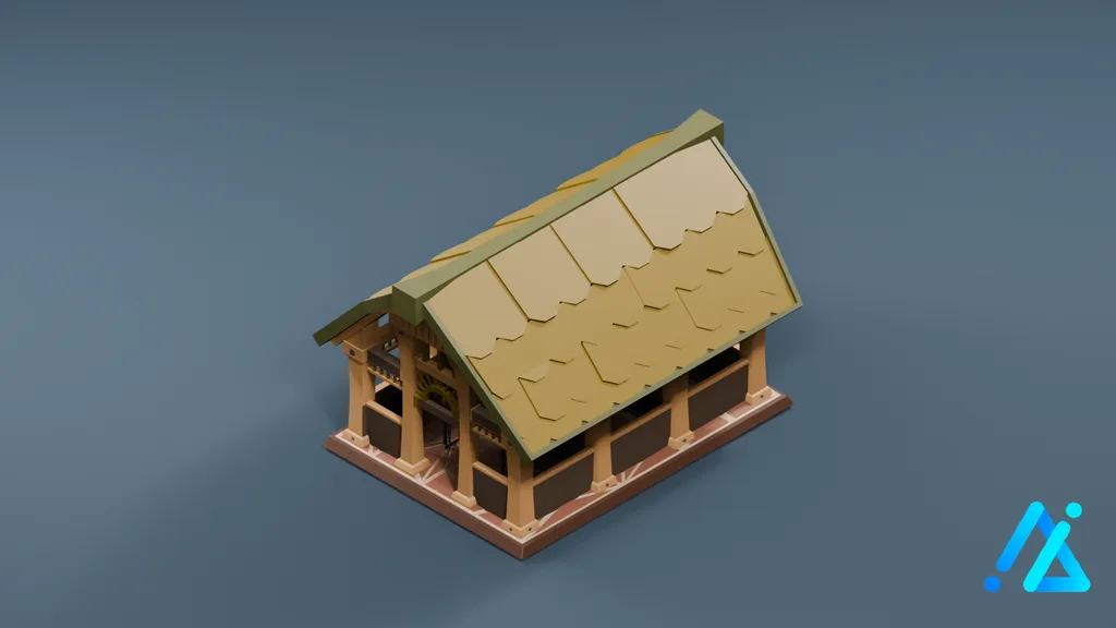 Low-Poly Tan-Roof Timber Hall 12 — 3D model preview