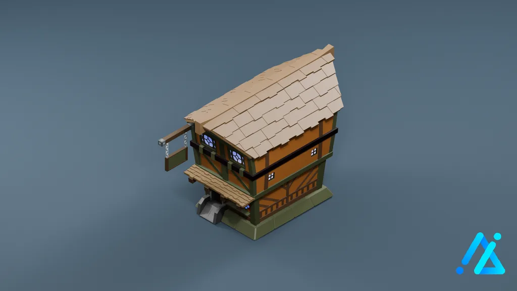 Low-Poly Brown-Roof Timber House 13 — 3D model preview