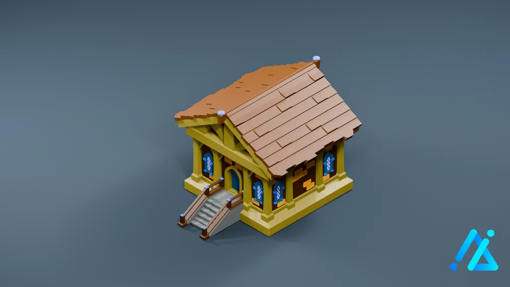 Low-Poly Raised Cottage 14 — Yellow Trim — 3D model preview