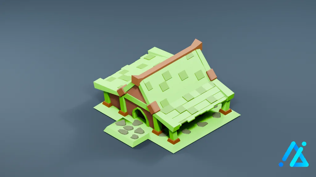 Low-Poly Cottage 15 — Bright Green Roof — 3D model preview