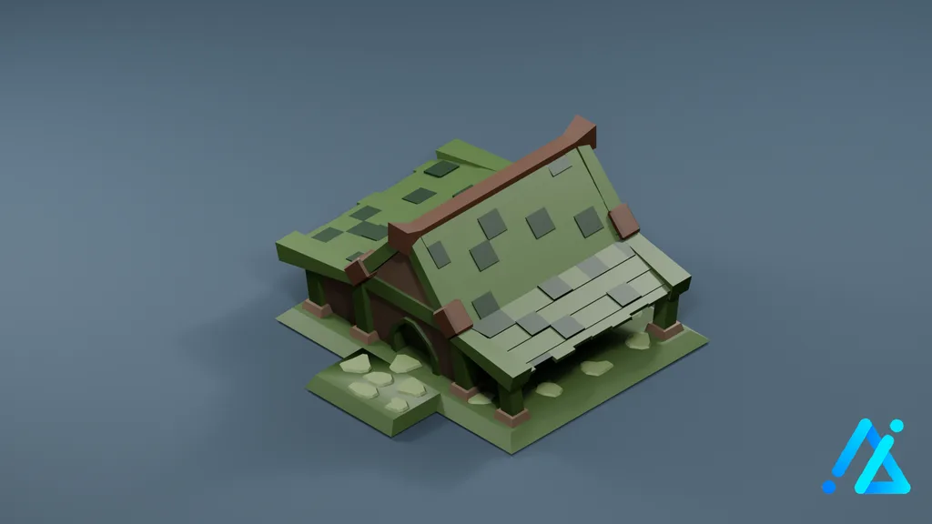 Low-Poly Cottage 15 — Muted Green Roof — 3D model preview
