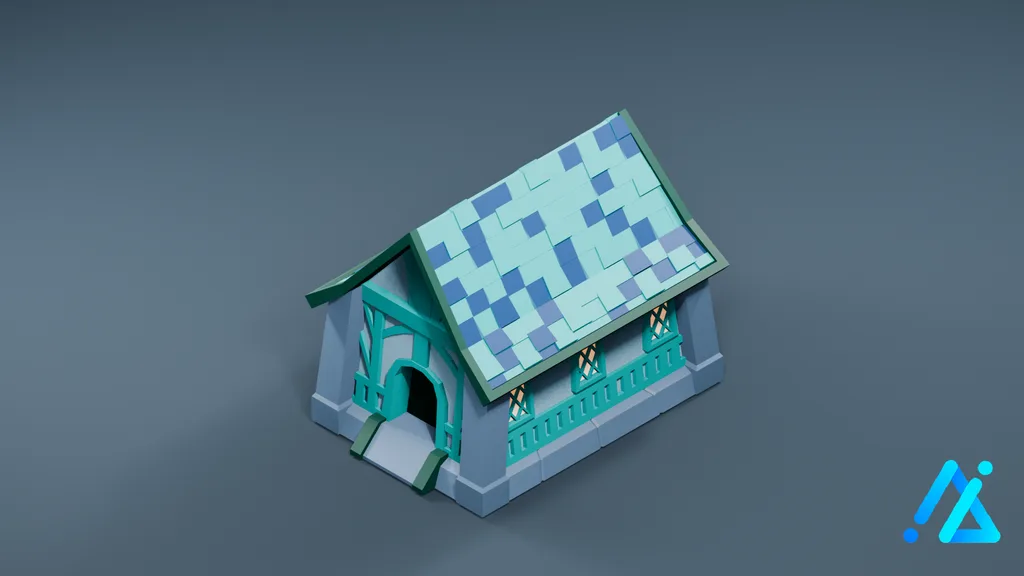 Low-Poly Cottage 16 — Blue Roof — 3D model preview