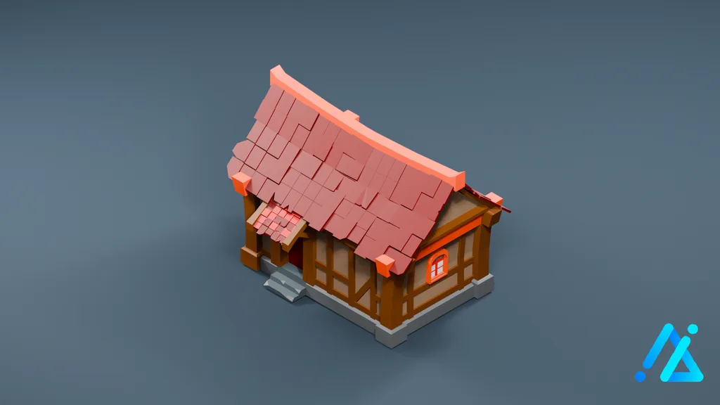 Low-Poly Timber Cottage 17 — Red Roof — 3D model preview