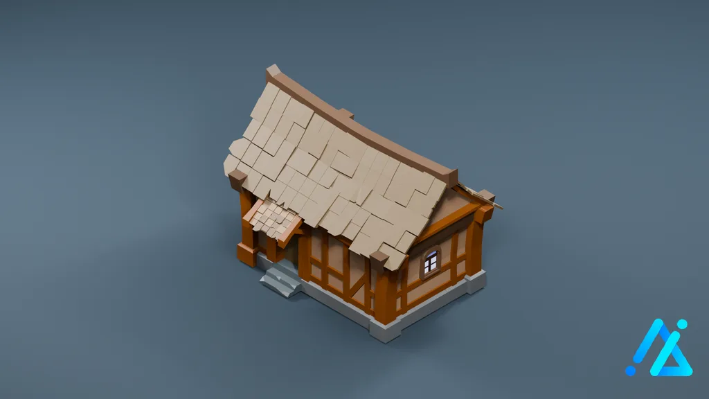 Low-Poly Timber Cottage 17 — Gray Roof — 3D model preview