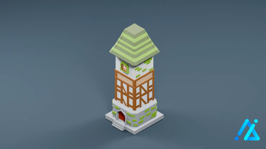 Low-Poly Green-Roof Village Tower 18 — 3D model preview