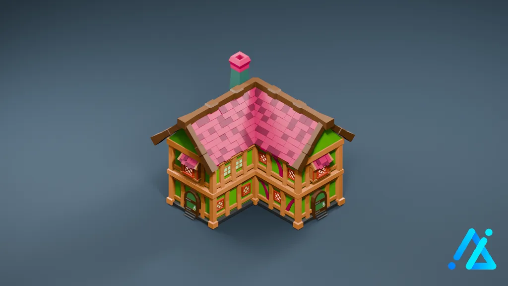 Low-Poly Pink-Roof Village Hall 19 — 3D model preview