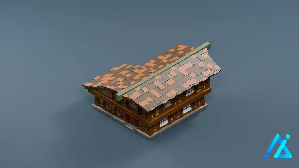 Low-Poly Brown-Roof Timber Hall 22 — 3D model preview