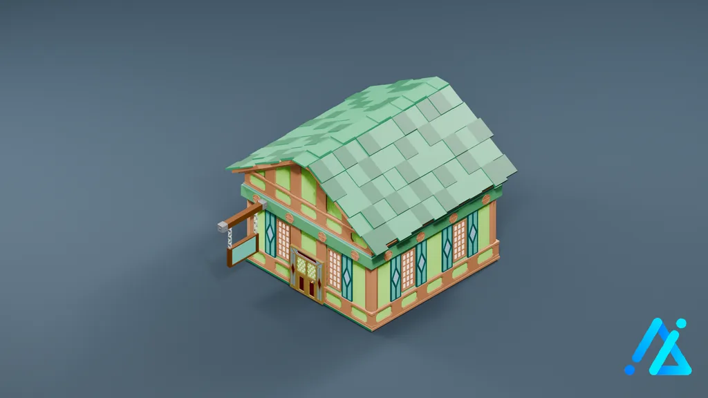 Low-Poly Teal-Roof Village House 24 — 3D model preview