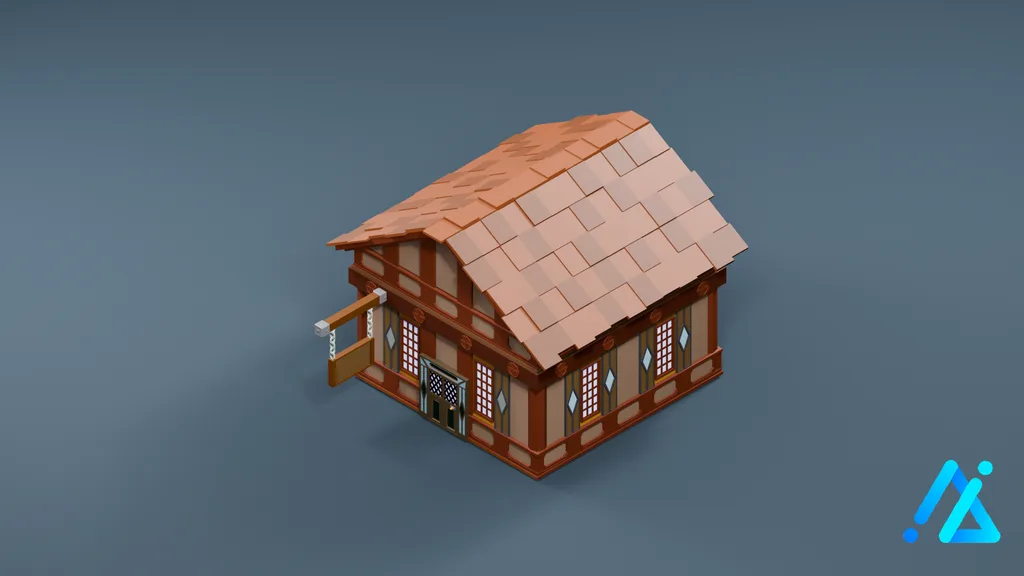 Low-Poly Brown-Roof Village House 24 — 3D model preview