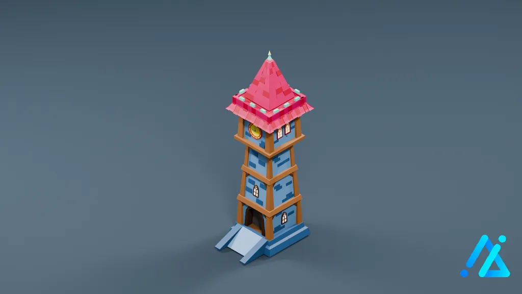 Low-Poly Pink-Roof Lookout Tower 25 — 3D model preview
