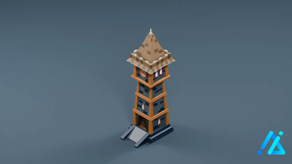 Low-Poly Brown-Roof Lookout Tower 25 — 3D model preview