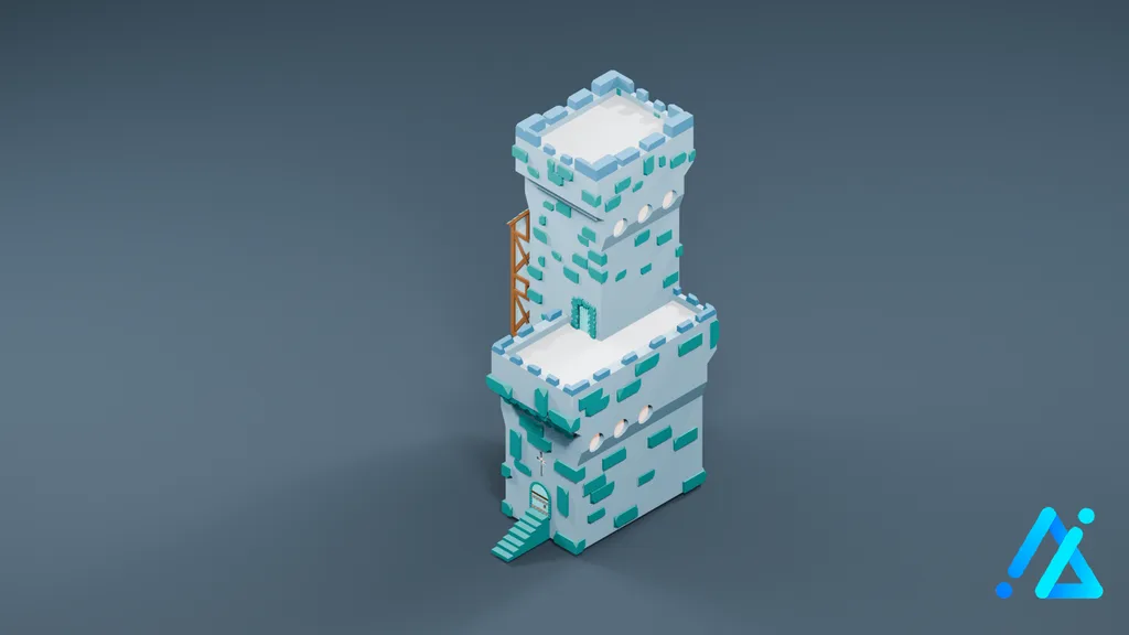 Low-Poly Turquoise Stone Tower 28 — 3D model preview