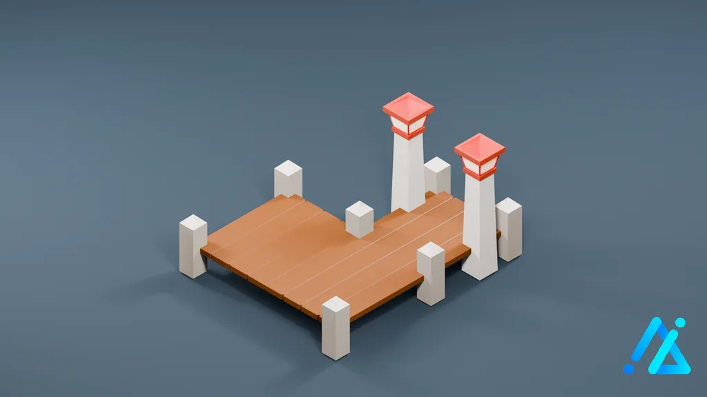 Low-Poly Red-Capped Wooden Pier — 3D model preview