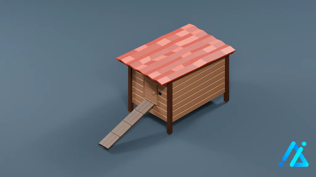 Low-Poly Red-Roof Chicken Coop — 3D model preview