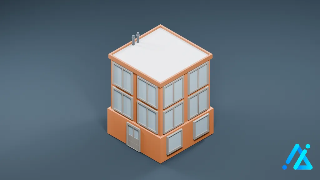 Low-Poly Orange Corner Building — 3D model preview
