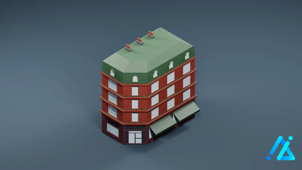 Low-Poly Red Apartment Block — 3D model preview