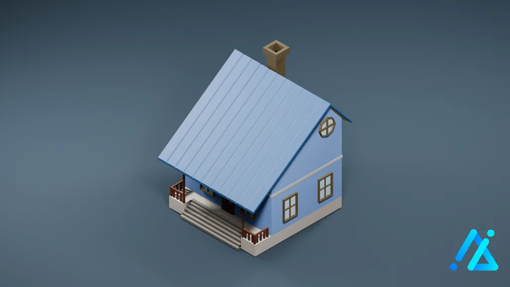 Low-Poly Blue Cottage 02 — 3D model preview