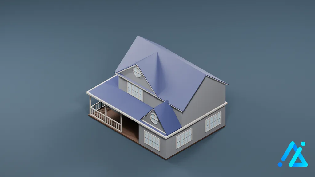 Low-Poly Blue-Roof House 03 — 3D model preview